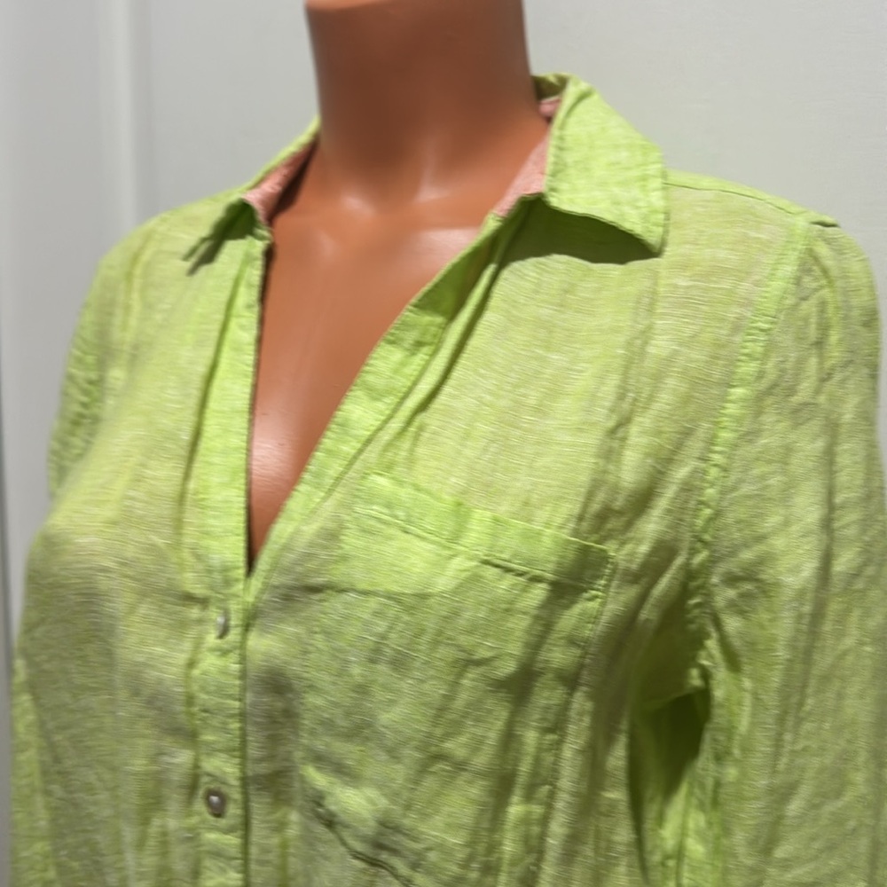 SIGRID OLSEN Linen Shirt Green L/S Roll Cuff V Neck Point Collar S Small EUC $98 - Picture 5 of 13